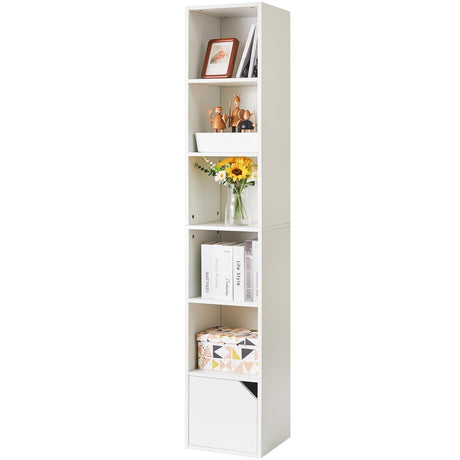 6 Tier Tall Narrow Bookcase, Modern White Corner Bookcase with Doors Storage