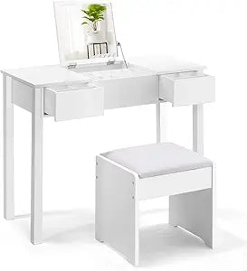 Vanity Set with Flip Top Mirror and Cushioned Stool, Makeup Dressing Table Writing Desk with 2 Drawers