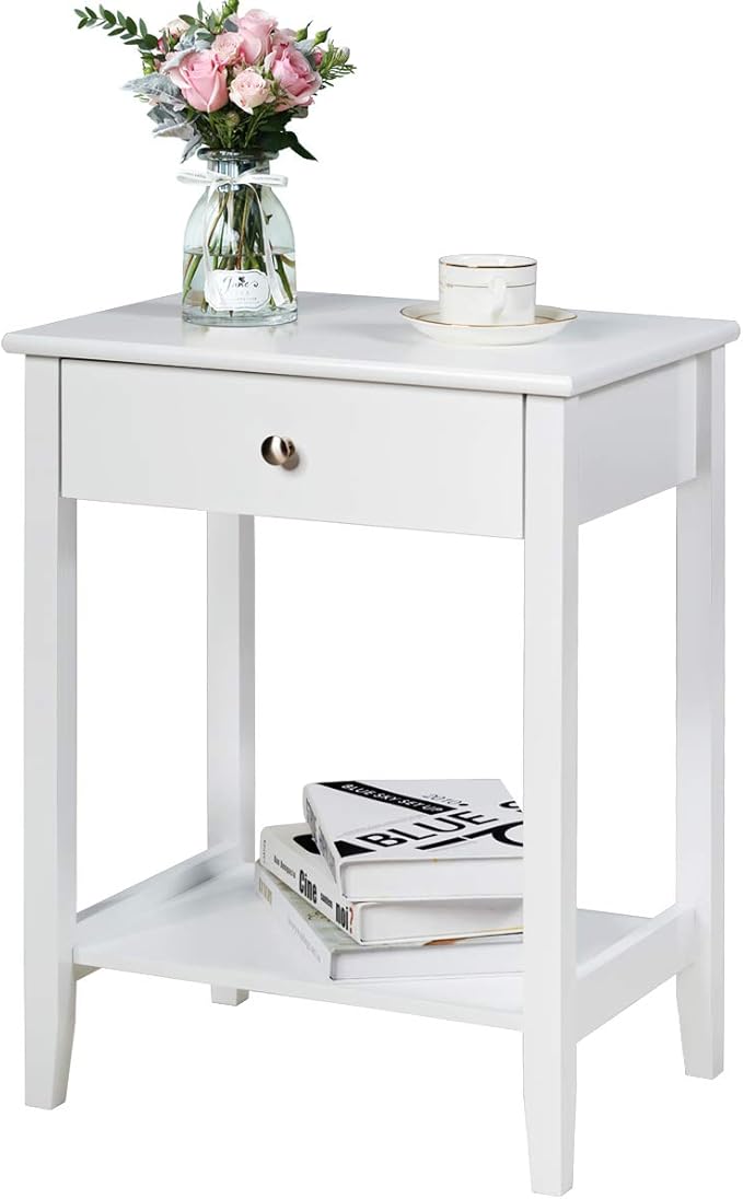 Nightstand Wooden 2-Tier Couch Sofa Side Table with Drawer, Storage Shelf
