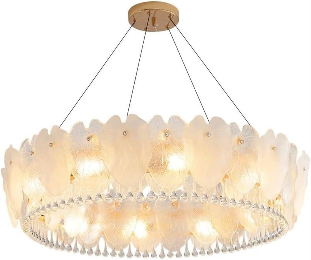 White Glass Leaf Round Ceiling Hanging Lamp Modern Crystal Raindrop Chandelier LED