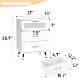 White Nightstand Set of 2 Wood 3 Drawer Bedside Table with Glass Door