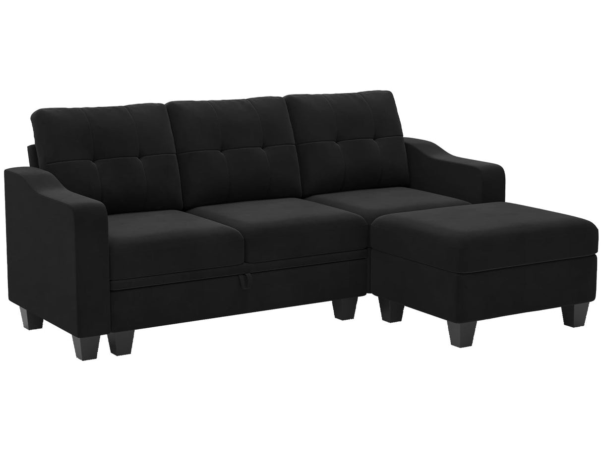 Velvet Sectional Couch with Storage, L Shaped Sofa with Chaise for Small Space, Black