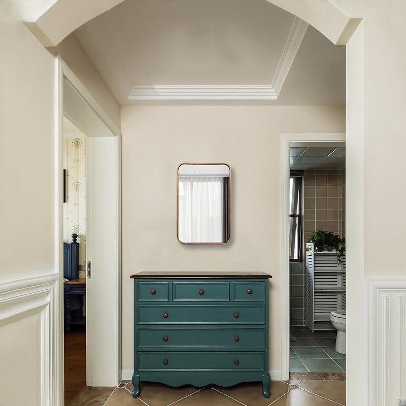 Rectangle Wall Mirror with Rounded Corner Gold Metal Frame Rectangular