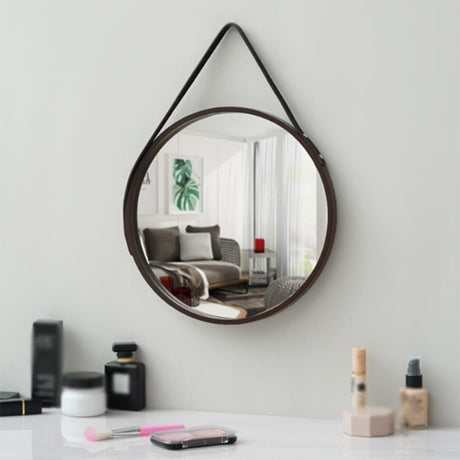 Nordic Wall Mounted Large Round Mirror, PU Leather Strap Circle Hanging Mirror