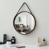 Nordic Wall Mounted Large Round Mirror, PU Leather Strap Circle Hanging Mirror
