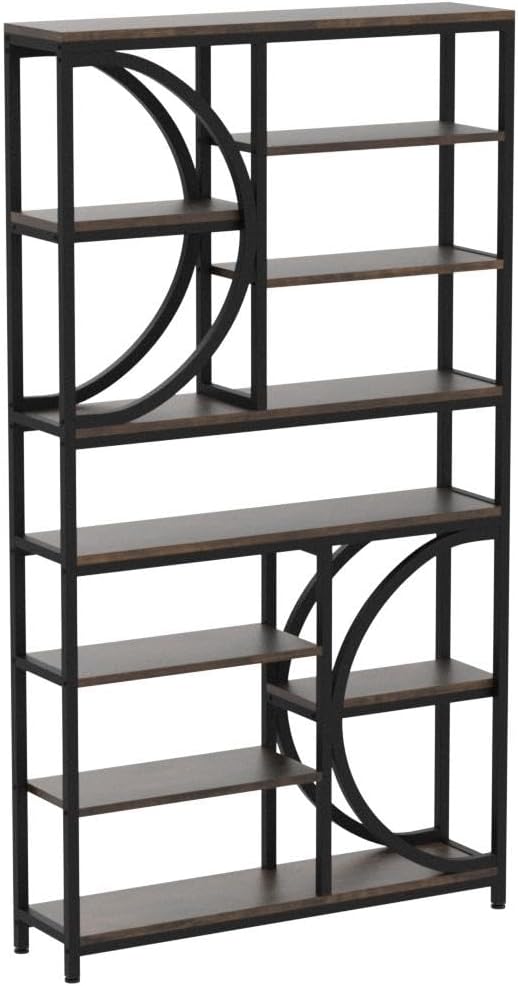 Bookshelf, Industrial 8-Tier Etagere Bookcases, 77-Inch Tall Book Shelf Open Display Shelves, Wood Look Accent Shelving Unit with Metal Frame for Home Office (1, Brown/Black)