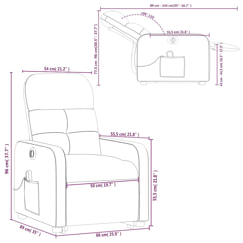 Power Lift Massage Recliner - Light Gray Fabric, Motorized Adjustable Back and Footrest, Vibration Massage, Side Storage Pocket
