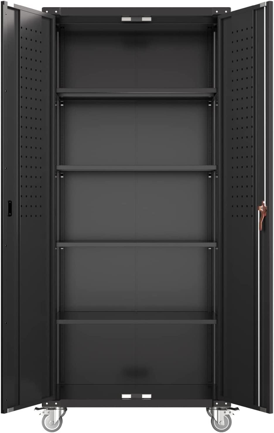 GangMei Garage Storage Cabinet with Wheels & Pegboard, 72" H Locking Metal Storage Cabinet with Doors and 4 Adjustable Shelves for Garage Workshop Home, Assembly Required, Black