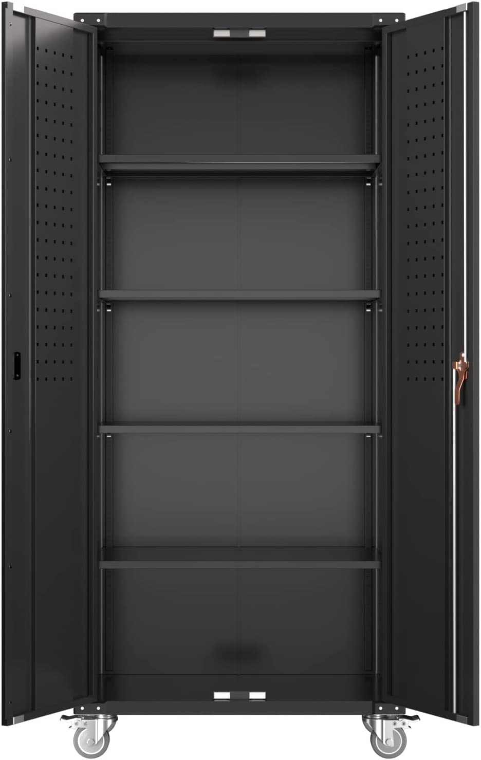 GangMei Garage Storage Cabinet with Wheels & Pegboard, 72" H Locking Metal Storage Cabinet with Doors and 4 Adjustable Shelves for Garage Workshop Home, Assembly Required, Black