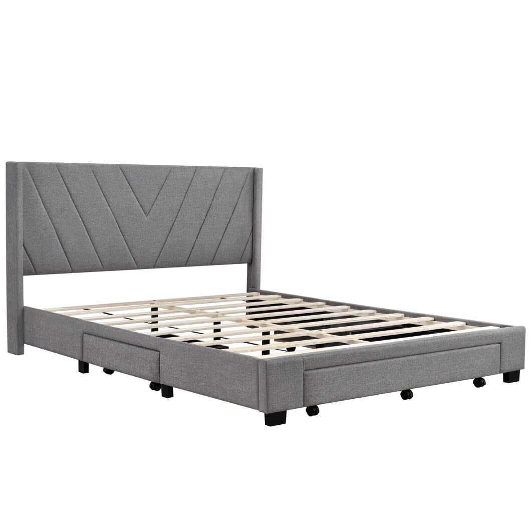 Queen Size Platform Bed with 3 Drawers,