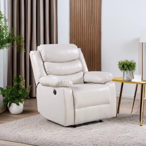 Leather Power Recliner with Pillow Top Armrest in Beige