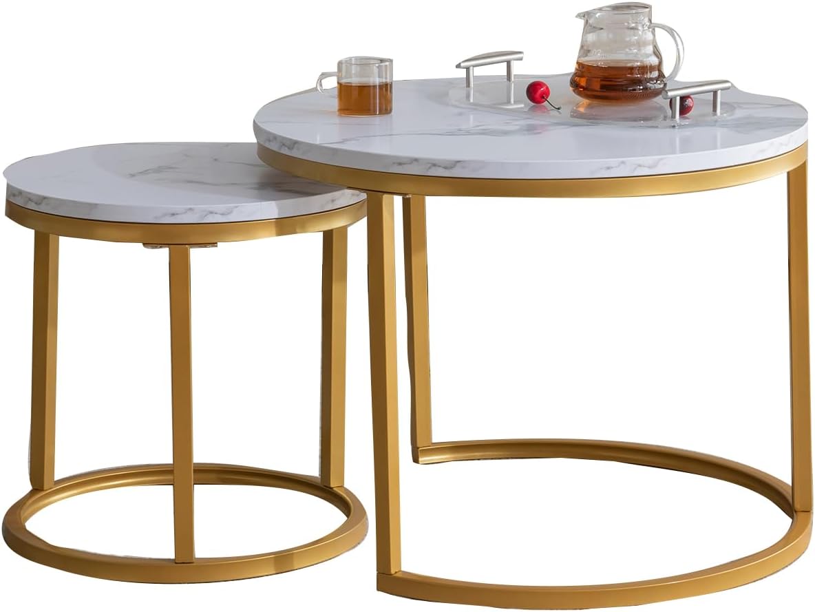 Modern Nesting Coffee Table,Golden Metal Frame with Marble Color top-23.6"