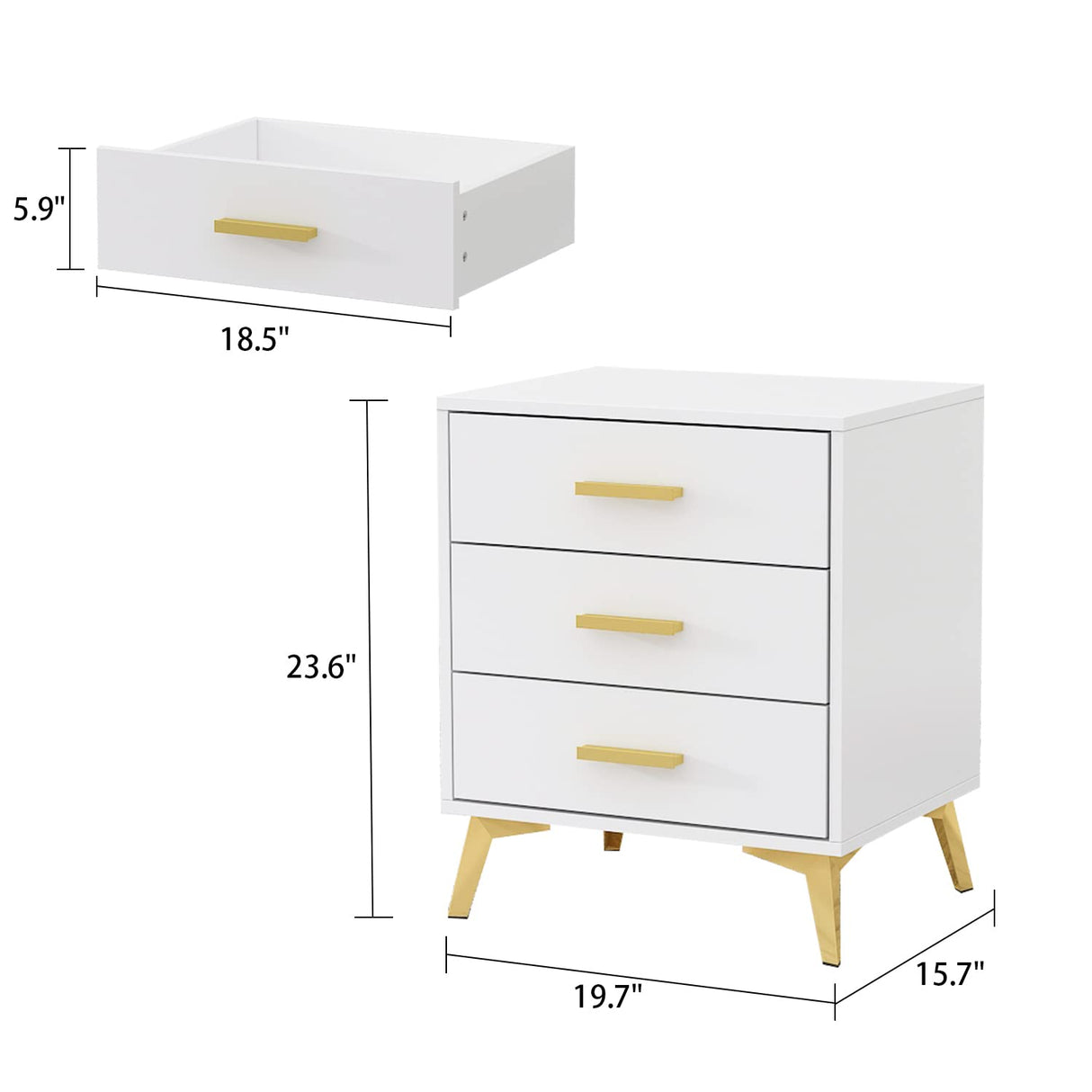 Set of 2 Nightstands with 3 Storage Drawers & Gold Metal Legs, Modern Bedside