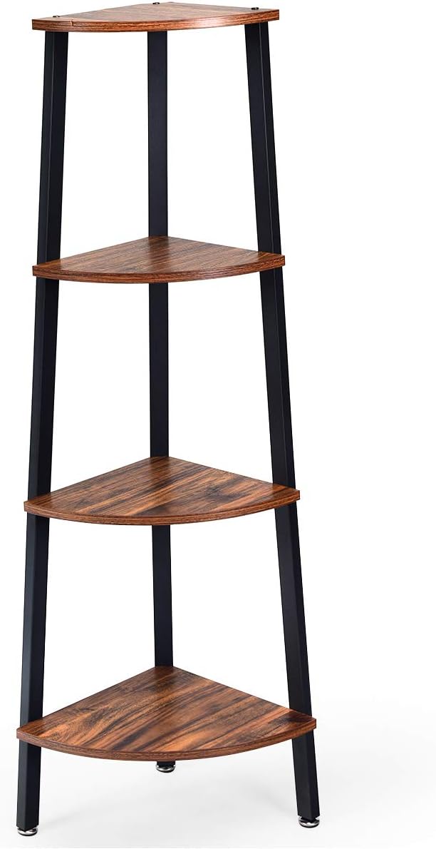 Giantex 4-Tier Corner Shelf Industrial Multipurpose Bookcase, Home or Office Storage Rack, Wood Plant Stand with Metal Frame (Rustic Brown)