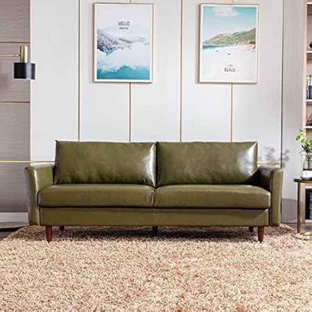 80'' Faux Leather Sofa Couch, Mid-Century Modern Sofa with Solid Wooden Frame