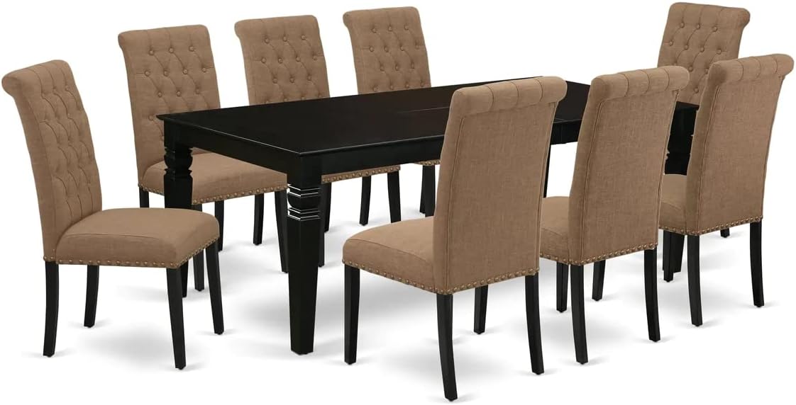 East West Furniture LGBR9-BLK-17 9 Piece Dining Room Set Includes a Rectangle Butterfly Leaf Kitchen Table and 8 Light Sable Linen Fabric Upholstered Chairs, 42x84 Inch, Black