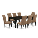 East West Furniture LGBR9-BLK-17 9 Piece Dining Room Set Includes a Rectangle Butterfly Leaf Kitchen Table and 8 Light Sable Linen Fabric Upholstered Chairs, 42x84 Inch, Black