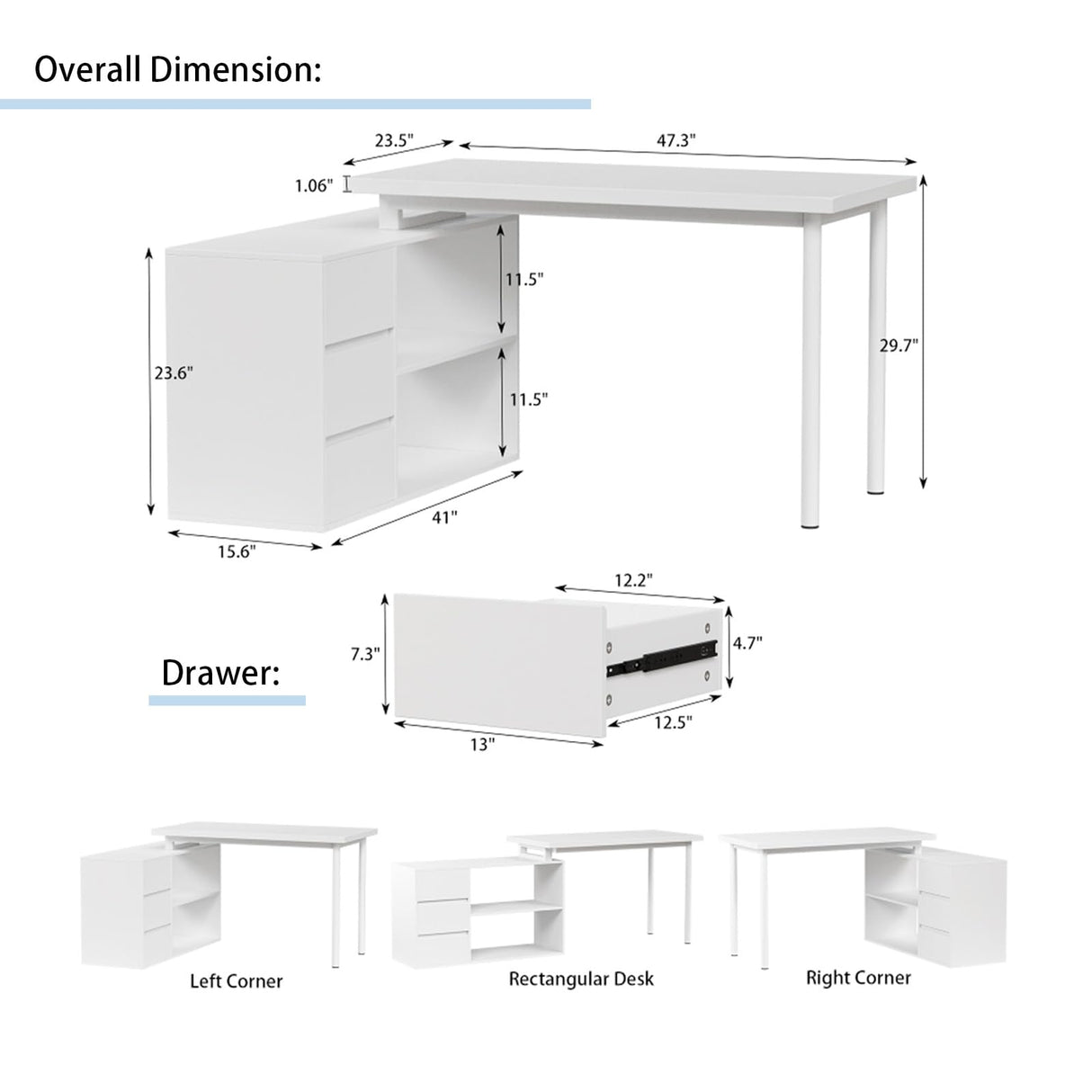 L Shaped Computer Desk, 47 Inch Home Office Desk with File Drawers & Storage Shelves