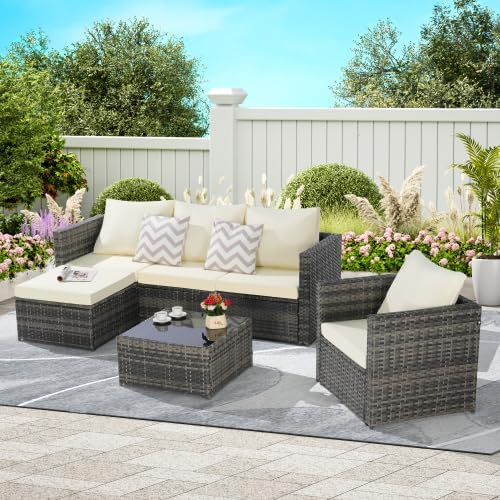 3-Piece Outdoor Patio Furniture Set, L-Shaped Wicker Sectional Sofa