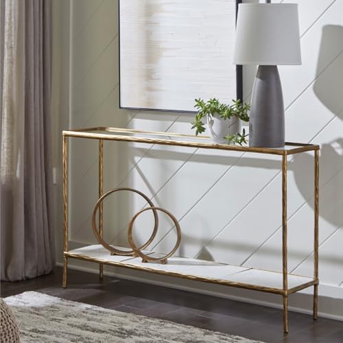 Ryandale Console Table - Glass Top with Marble Shelf, 52" Antique Brass