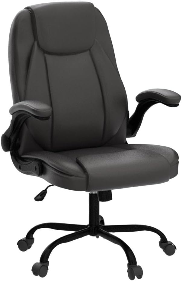 Ergonomic Office Chair PU Leather Executive Chair Padded Flip Up Armrest Computer Chair Adjustable Height High Back Lumbar Support Wheels Swivel