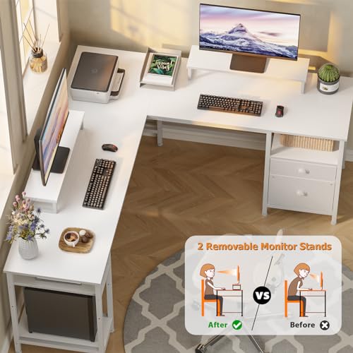 White 66" L Shaped Desk with Shelves, Reversible Corner Computer Desk with File Drawer & Dual Monitor Stand, Large Home Office Desk Writing Study Gaming Table Workstation