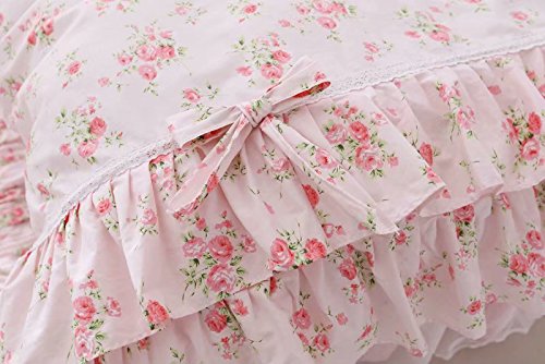 Romantic Roses Print Duvet Cover Set with Bed Skirt Pink Lace Ruffle Floral Shabby