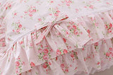 Romantic Roses Print Duvet Cover Set with Bed Skirt Pink Lace Ruffle Floral Shabby