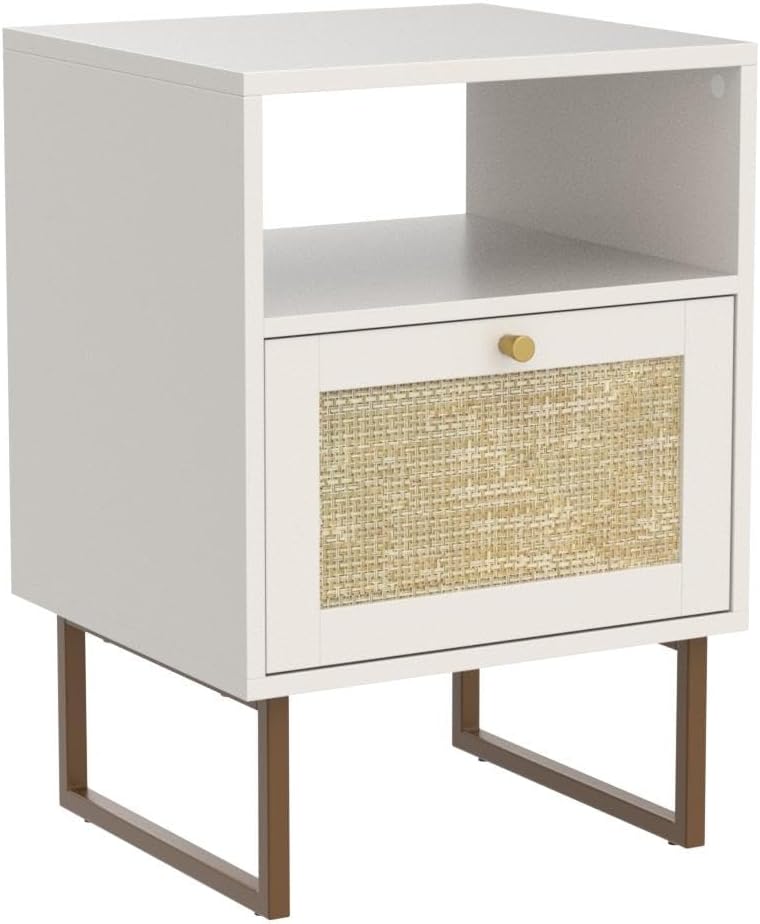 Rattan Nightstand,Modern Boho Farmhouse Wood Bedside Table with Storage Drawer and Open Shelf,Small Gold Frame Side End Table for Bedroom,Living Room,Office(White)