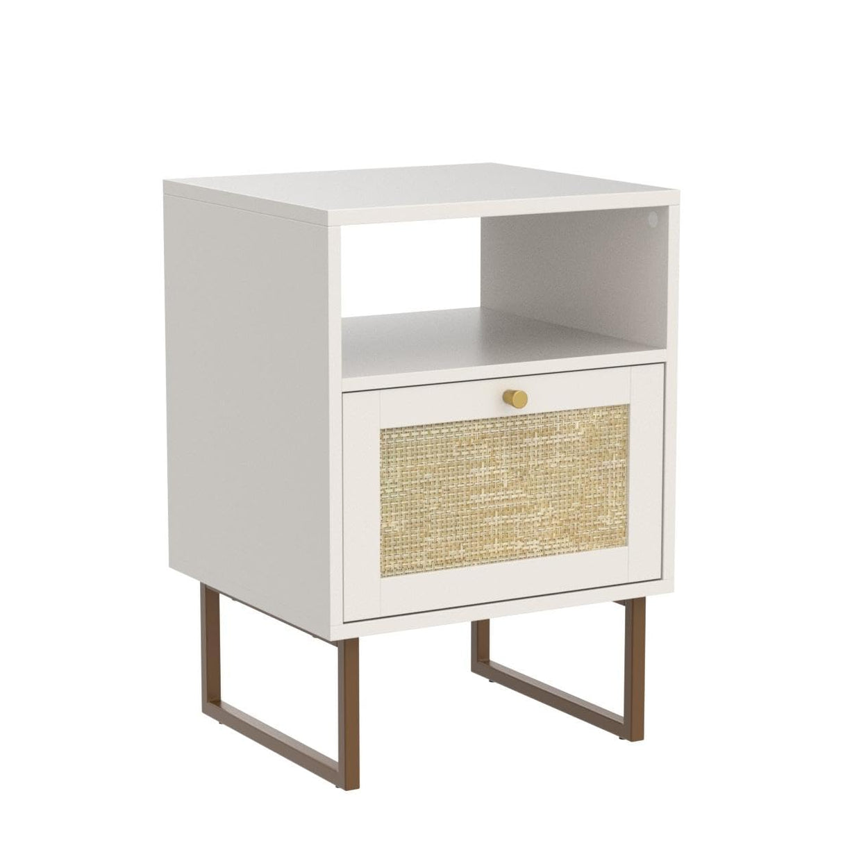 Rattan Nightstand,Modern Boho Farmhouse Wood Bedside Table with Storage Drawer and Open Shelf,Small Gold Frame Side End Table for Bedroom,Living Room,Office(White)