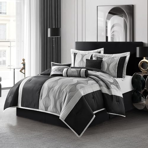 Black and Silver Striped Comforter Set - King Size 7 Piece