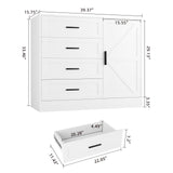 VOWNER 4 Drawer Dresser with Barn Door, Wooden Storage Cabinet with Drawers and Shelves, Modern Chest of Drawers for Bedroom, Living Room, Hallway, White