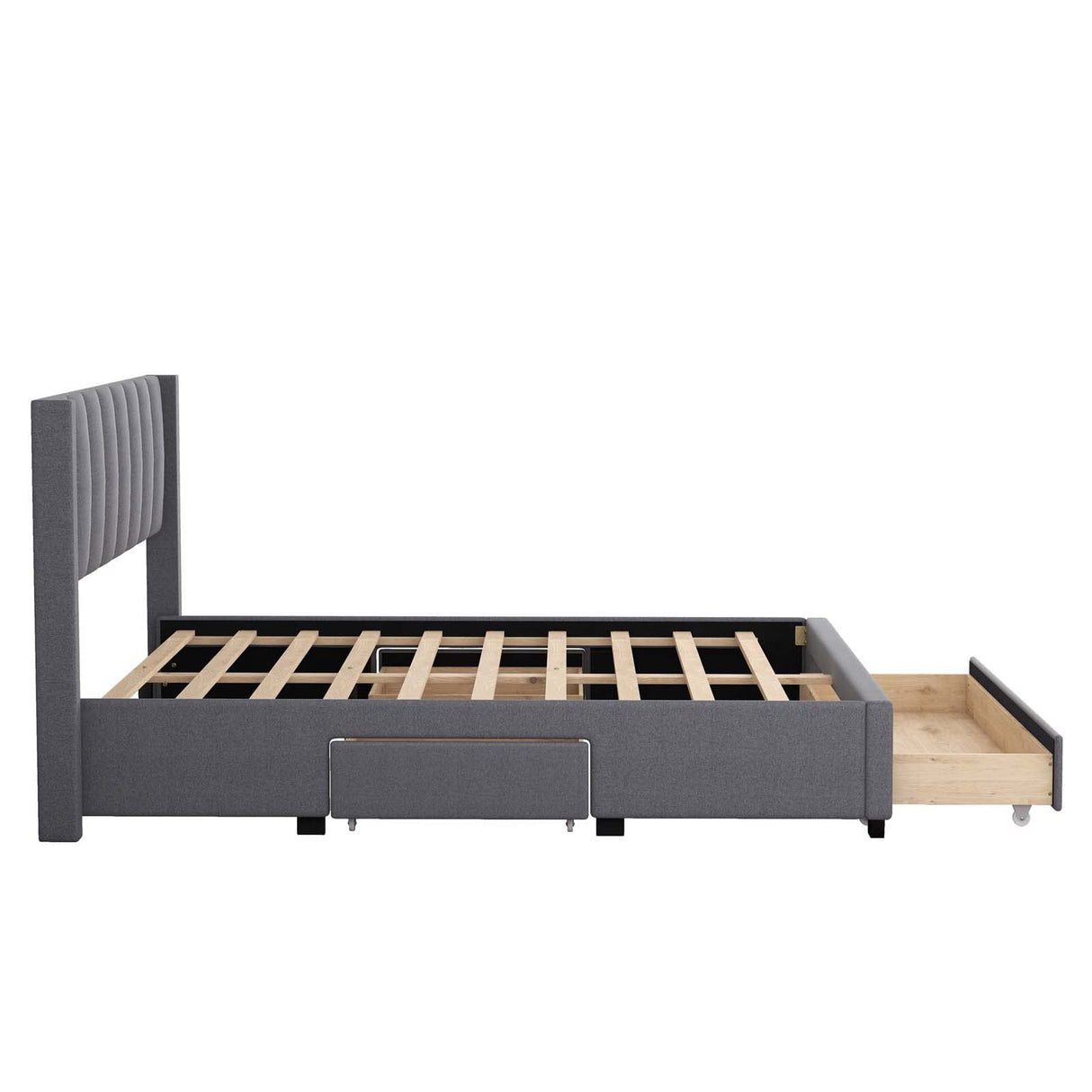 Upholstered Platform Bed with a Large Drawer in Footboard and 2 Drawer on Side,