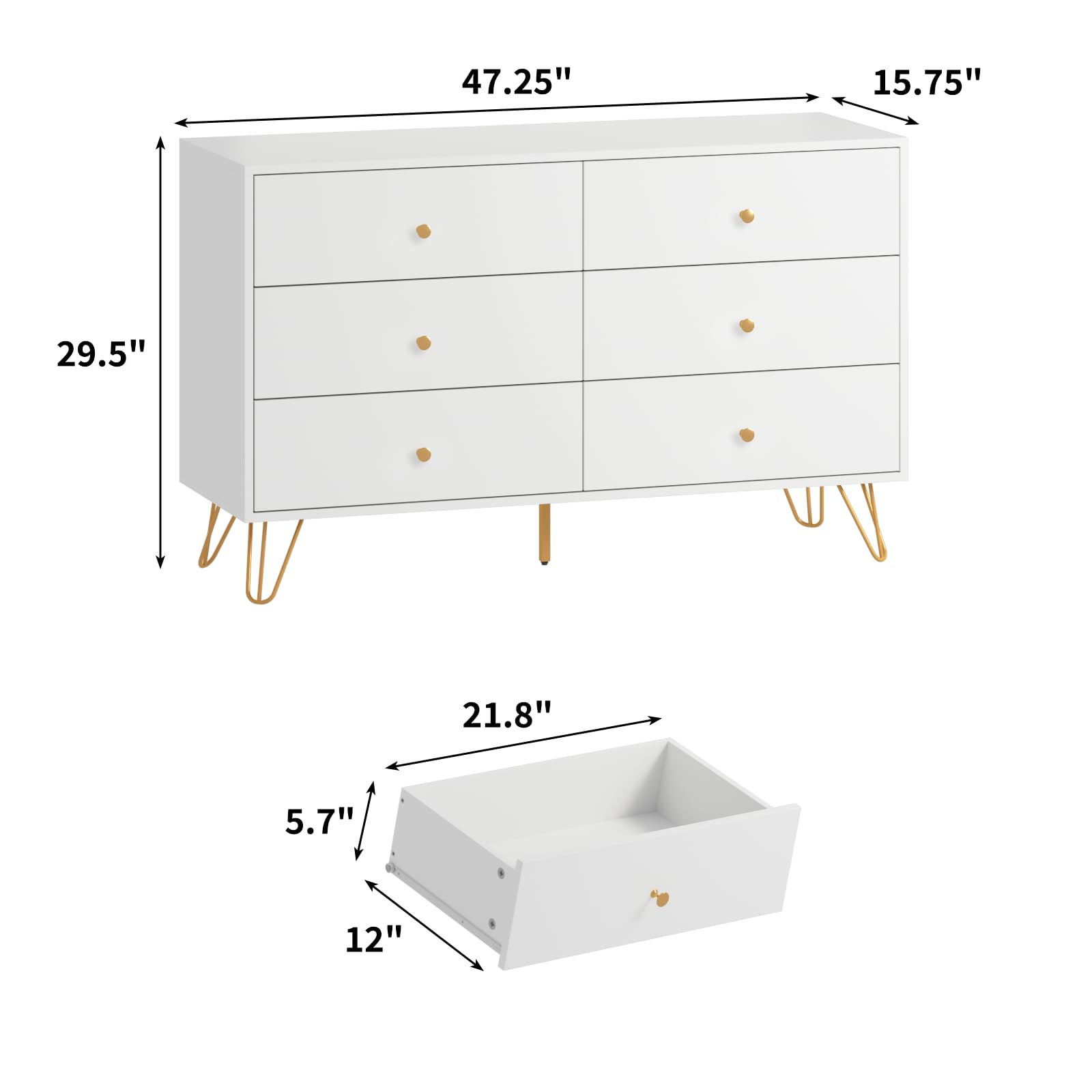 White Dresser for Bedroom, 6 Drawer Dresser with Wide Drawers and Gold Metal Handles
