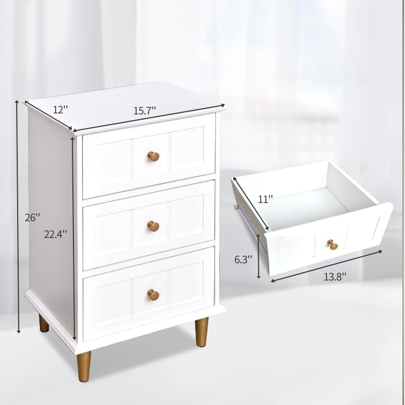 Nightstand with 3 Drawers Set of 2, Wooden Side Table Bedroom Storage Cabinet, Simple and Exquisite Furniture in Small Space (2, White)