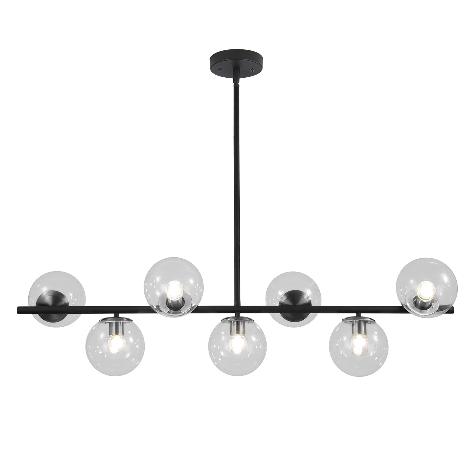 7-Light Clear Glass Globe Chandelier Black Linear Sputnik