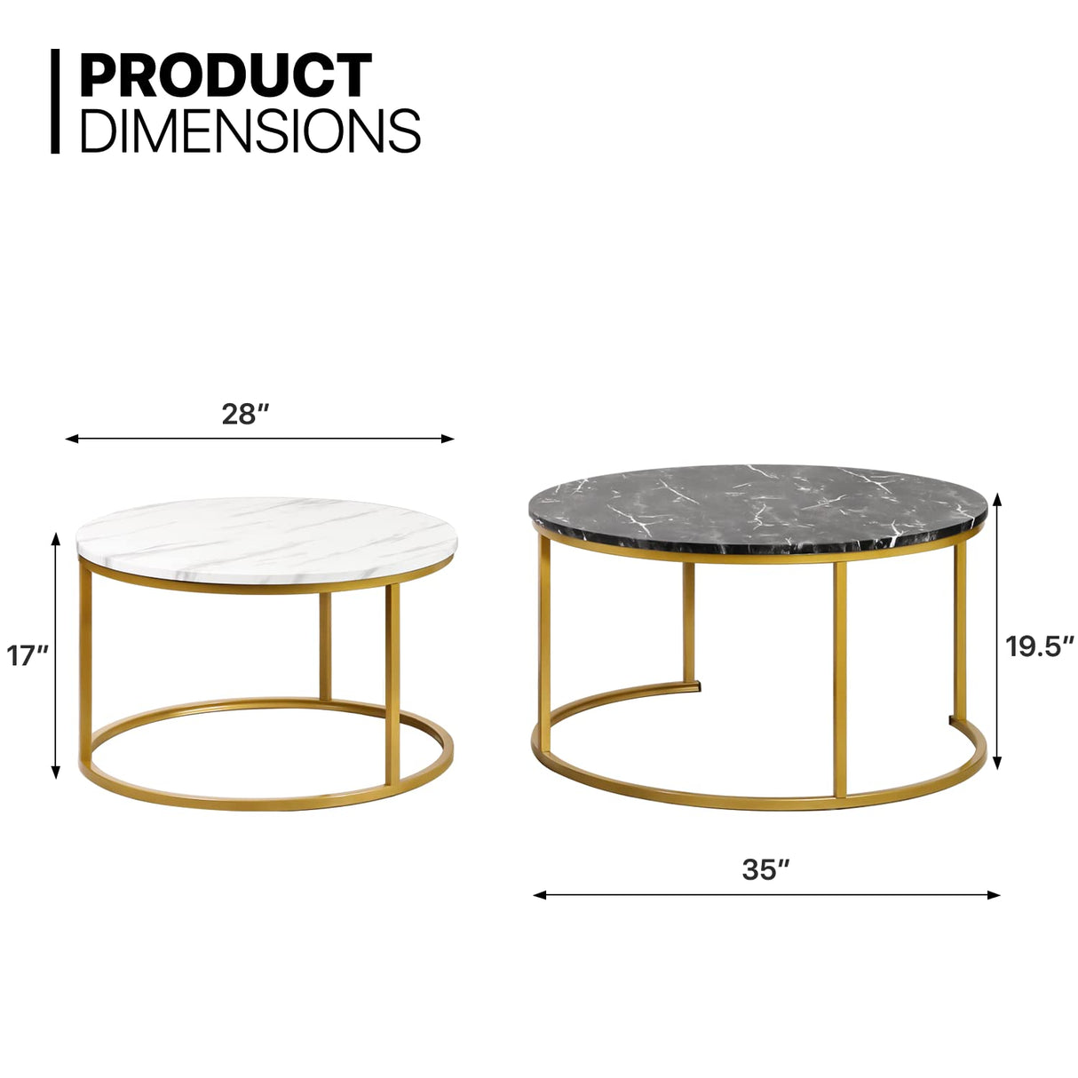 35" Coffee Table Set of 2 Nesting Round Accent Side Tables with Sturdy Metal Frame