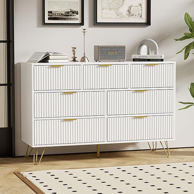 Black Dresser for Bedroom, 7 Drawer Dresser with Gold Pulls and Metal Legs