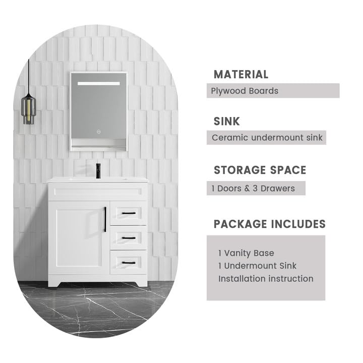 BUPWHEK 30” Luxurious Bathroom Vanity with Ceramic Sink Combo, White Bathroom Cabinet with 1 Soft Closing Door & 3 Full Extension Drawers, Faucet and Pop Up Drain Included