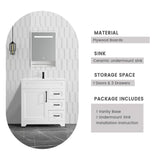 BUPWHEK 30” Luxurious Bathroom Vanity with Ceramic Sink Combo, White Bathroom Cabinet with 1 Soft Closing Door & 3 Full Extension Drawers, Faucet and Pop Up Drain Included