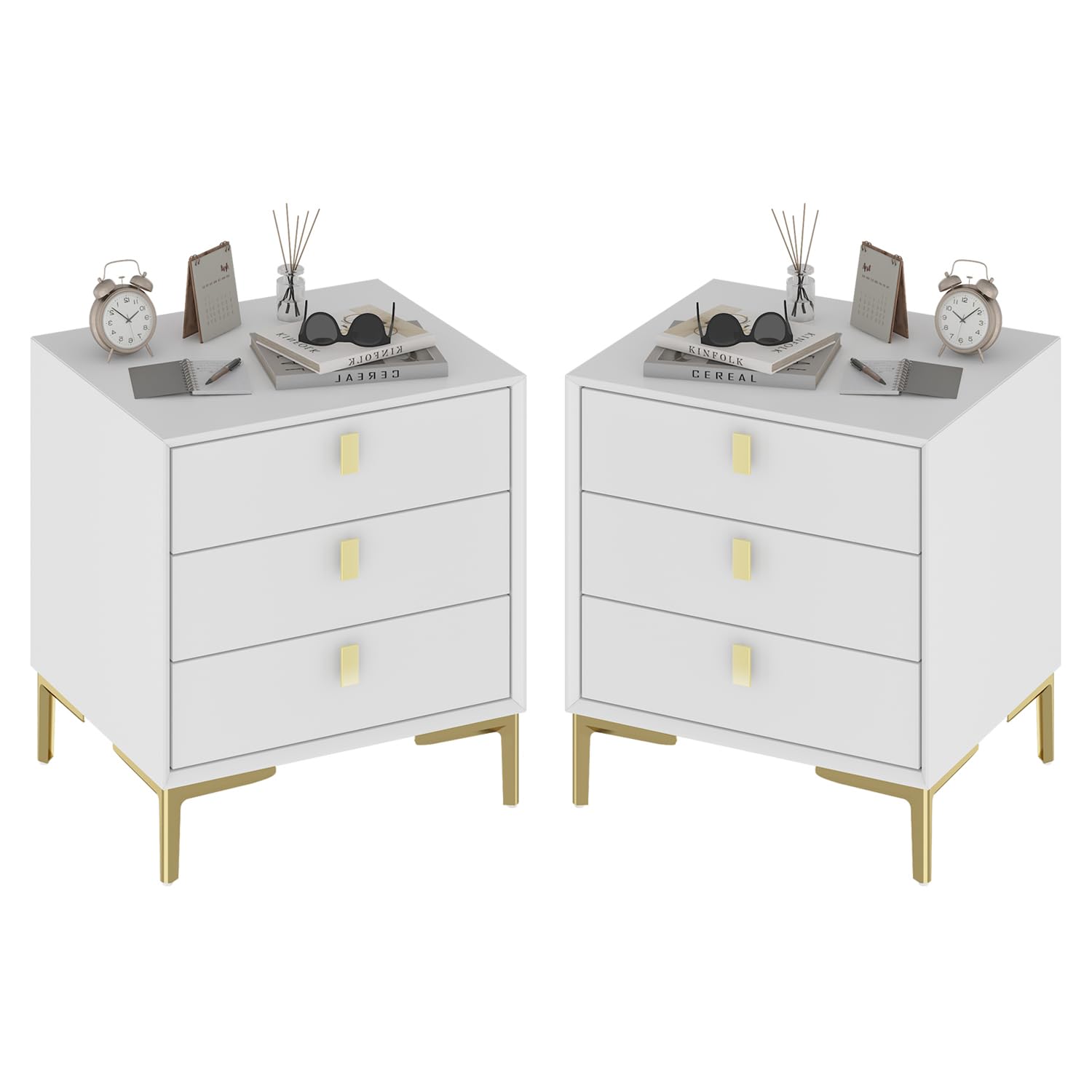 3-Drawer Nightstand Set of 2, Modern Night Stand Bedside Table with Storage, Versatile End Side