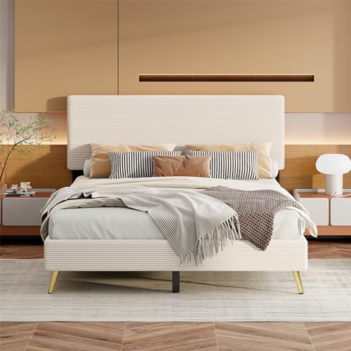 Queen Size Corduroy Upholstered Platform Bed Frame with Horizontal Stripe Headboard