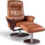 Milano Modern Bendwood Brown Leather Swivel Recliner with Ottoman, Latte