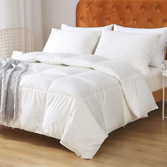 Down Comforter King - Organic Cotton Quilted Medium Warm All Seasons Duvet Insert or