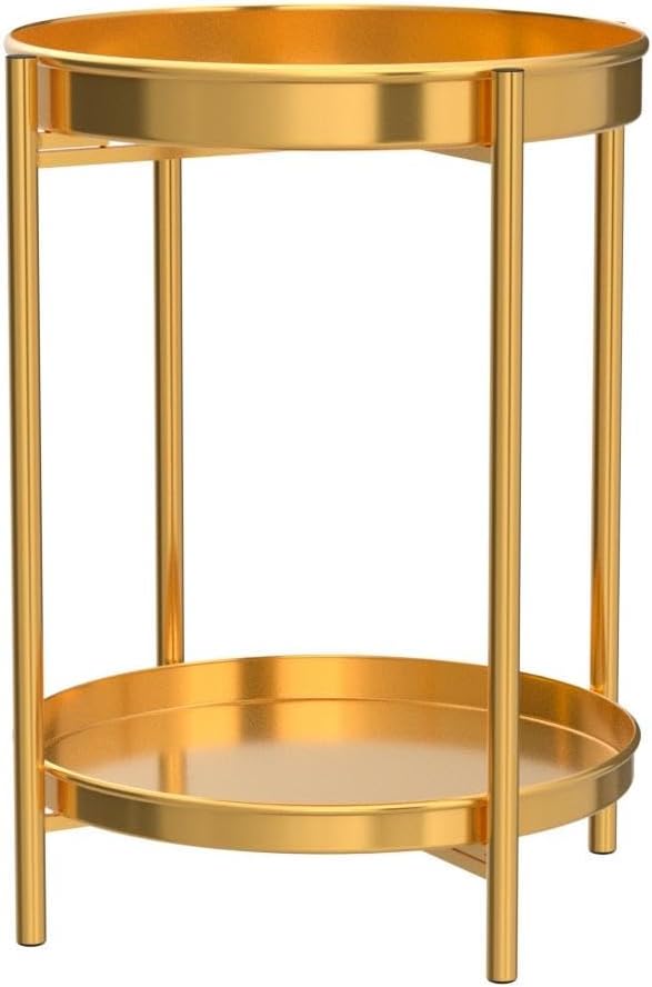 Side Table 2-Tier Metal Round End Table with Removable Tray (2-Tier Gold)