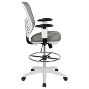 Mid-Back Light Gray Mesh Ergonomic Drafting Chair with Adjustable Chrome Foot Ring, Adjustable Arms and White Frame