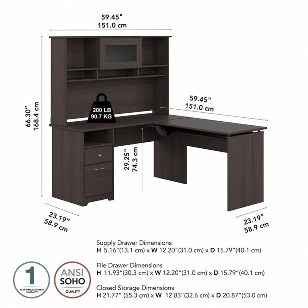 Bush Furniture Cabot 60W 3 Position Sit to Stand L Shaped Desk with Hutch in Heather Gray
