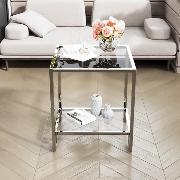 2 Tier Square End Table Side Table with Tempered Glass Top and Silver Stainless Steel