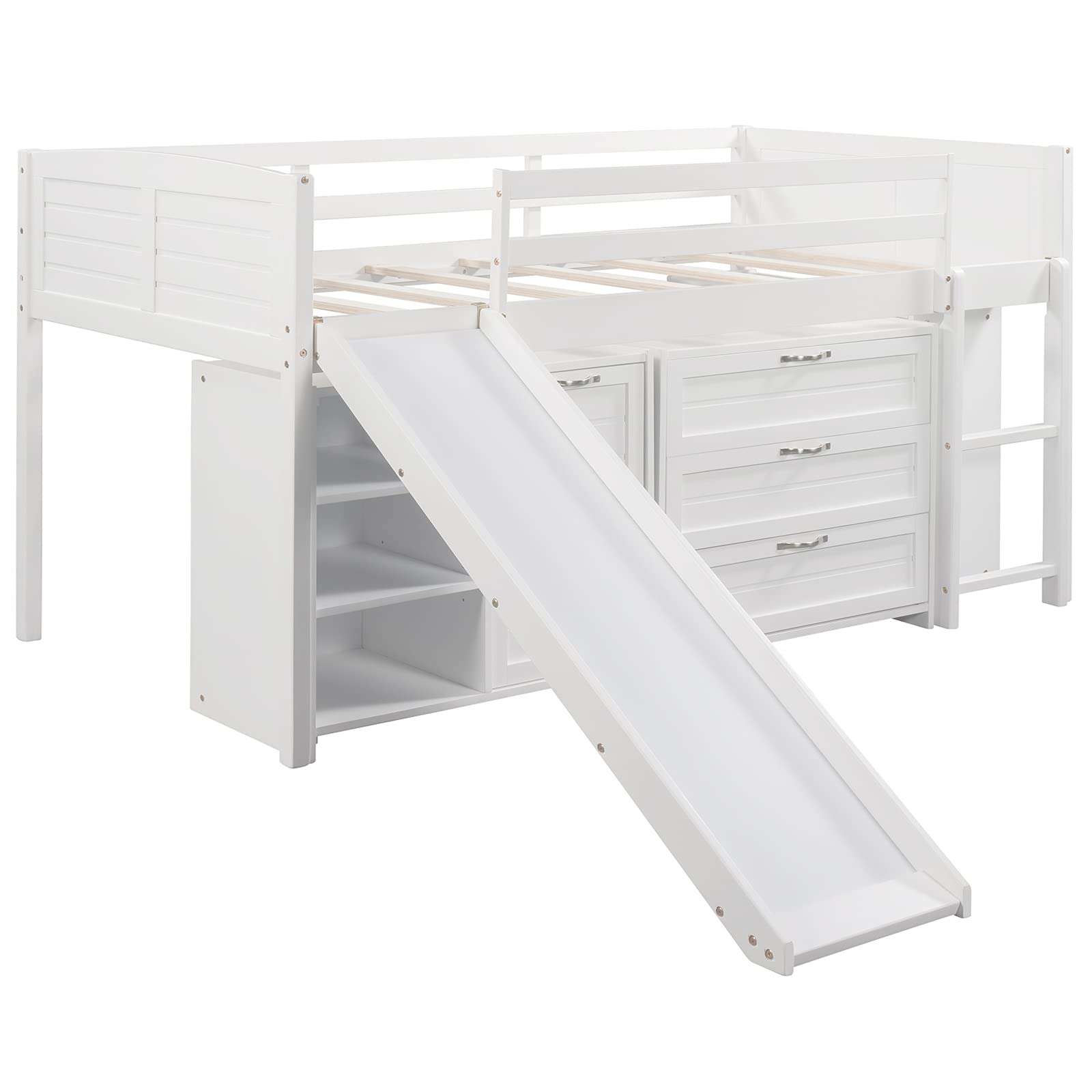 Slide and Storage Twin Loft Bed Frame with Cabinet Drawers and Book Shelves, Wooden