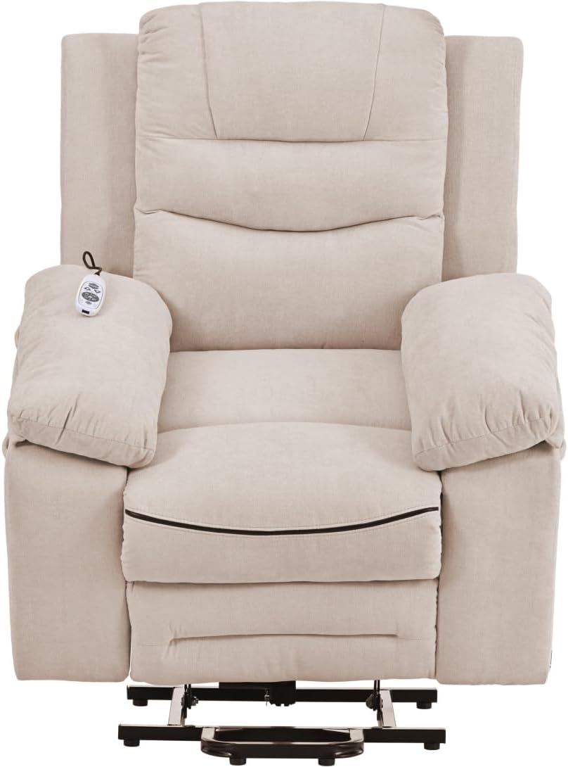 Power Lift Recliner Chair for Elderly Modern Linen Upholstered Electric Recliner Chair with Adjustable Massage and Heating Single Sofa Sofa with Infinite Position and Side Pocket for Living Room Beige